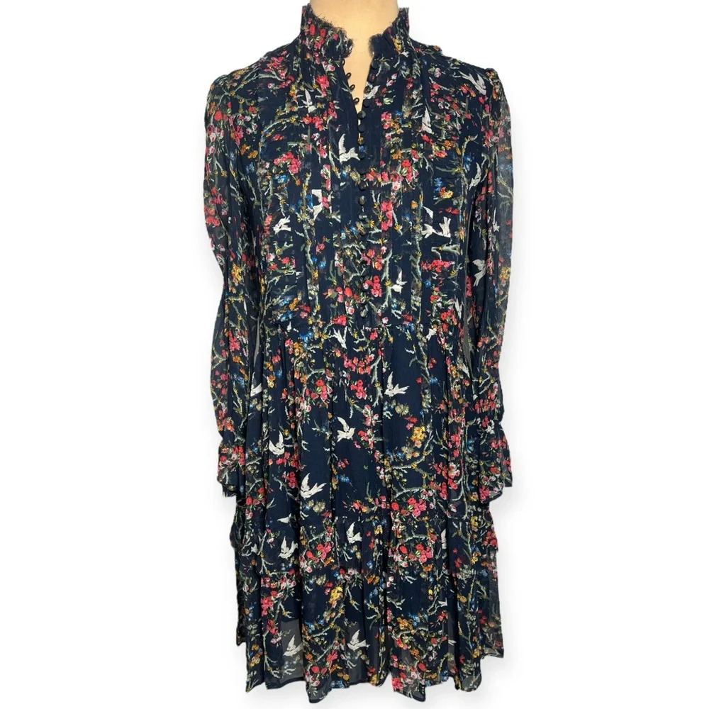 The Kooples Navy Blue Bird Print Silk Chiffon Dress Size Medium Ruffle Mini - Picture 4 of 16